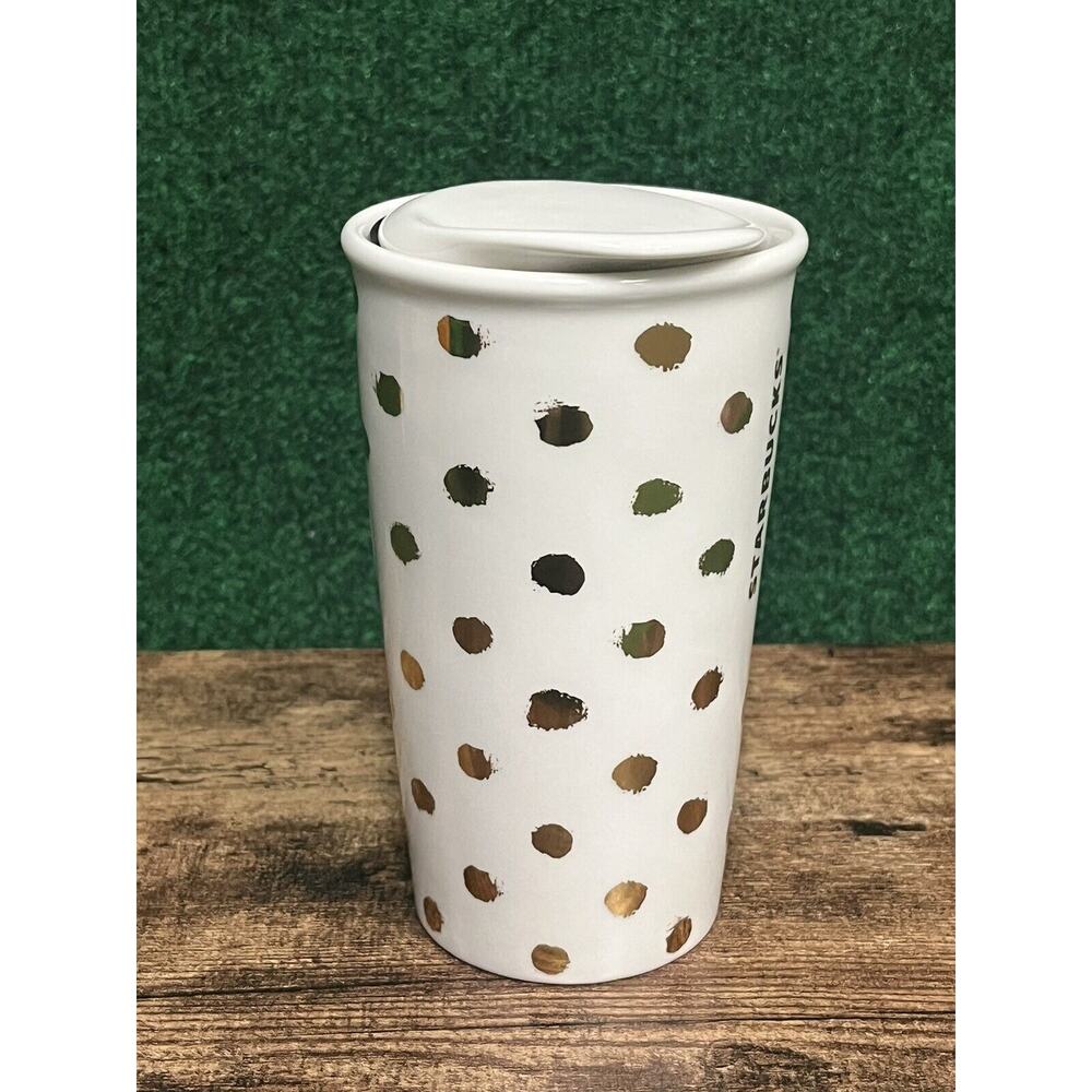 Starbucks 2014 Gold POLKA DOT 10 oz Ceramic Travel Tumbler/Mug w/Lid - Picture 4 of 8